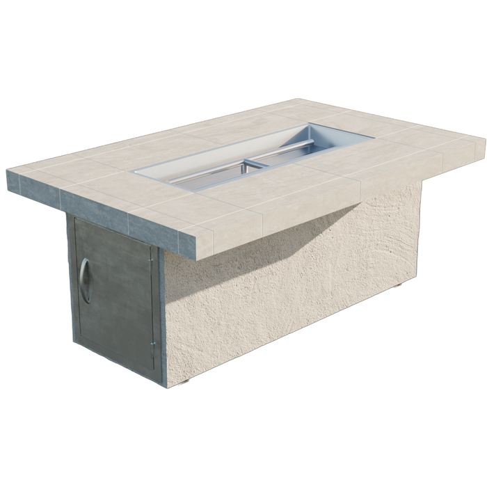 Rectangular 48-inch outdoor fire pit with tile top and access door, shown in isolated Cal Flame Phoenix model.