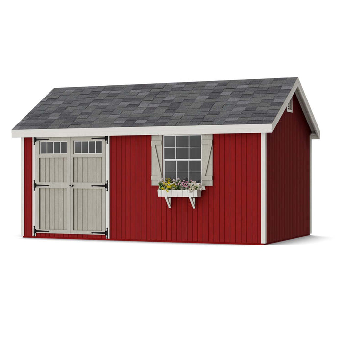 10x16 barn-style Colonial Pinehurst Shed by Little Cottage Co. in red with gray doors and a classic flower box.