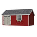 12x18 red Pinehurst Shed by Little Cottage Co. showing traditional double doors, white trim, and gray shingle roof.