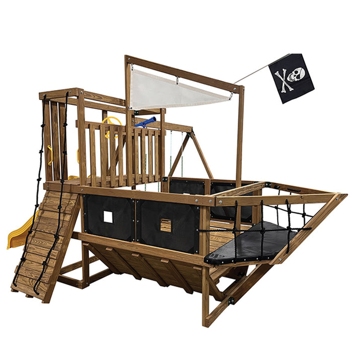 Wooden pirate ship playset by Playstar featuring rope climb, lookout deck, slide, and sail canopy for imaginative outdoor play.