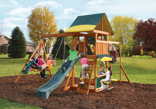 Kids playing on the playground with the brookridge swing set