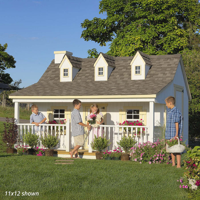 Children enjoying imaginative play outside the Pennfield Cottage Playhouse.