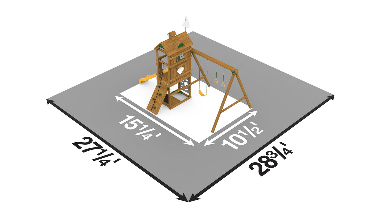 Top-down layout showing space and safety dimensions for Playstar Trainer Bronze backyard playset