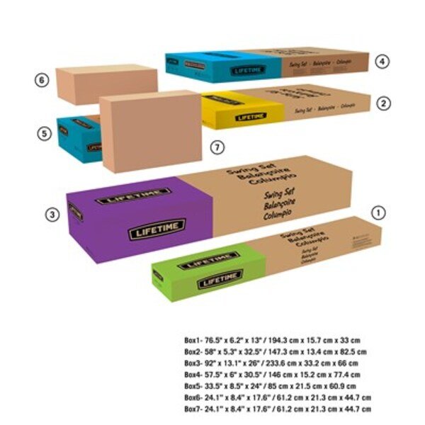 Lifetime Big Stuff Deluxe playset packaging diagram showing all 7 shipping boxes with dimensions.