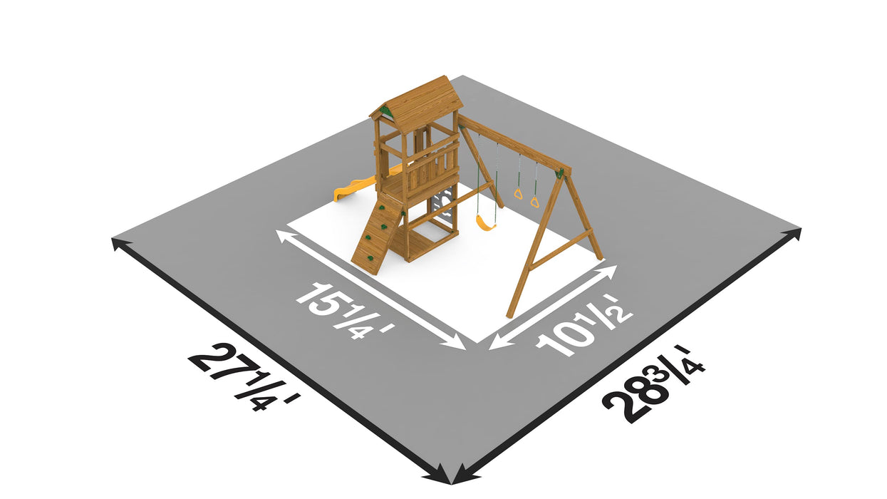 Overhead view showing space and layout dimensions for Playstar Trainer Starter playset installation