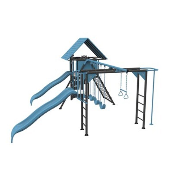 Studio 3D render of the Lifetime playset showing the double wavy slides and monkey bars, white background.