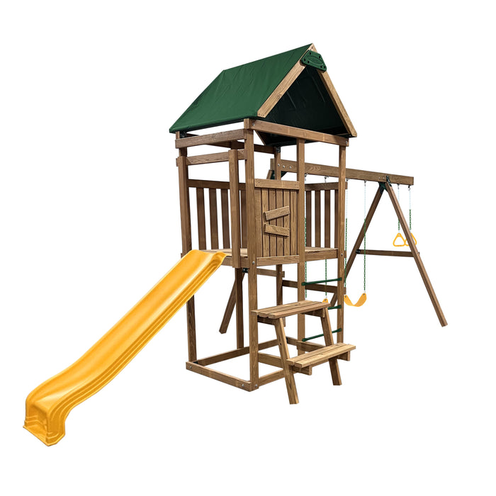 Playstar Canyon Plus swing set with yellow slide, green canopy, climbing wall, and dual swings for backyard play