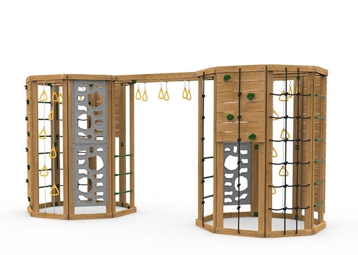 Playstar Cliff-Hanger Gold Playset with double tower, climbing walls, and monkey bars for backyard adventure