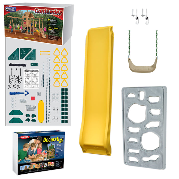 Playstar Contender Bronze Build-It-Yourself playset kit with boxed components, yellow slide, tan swing, and decorative accessories for backyard assembly.