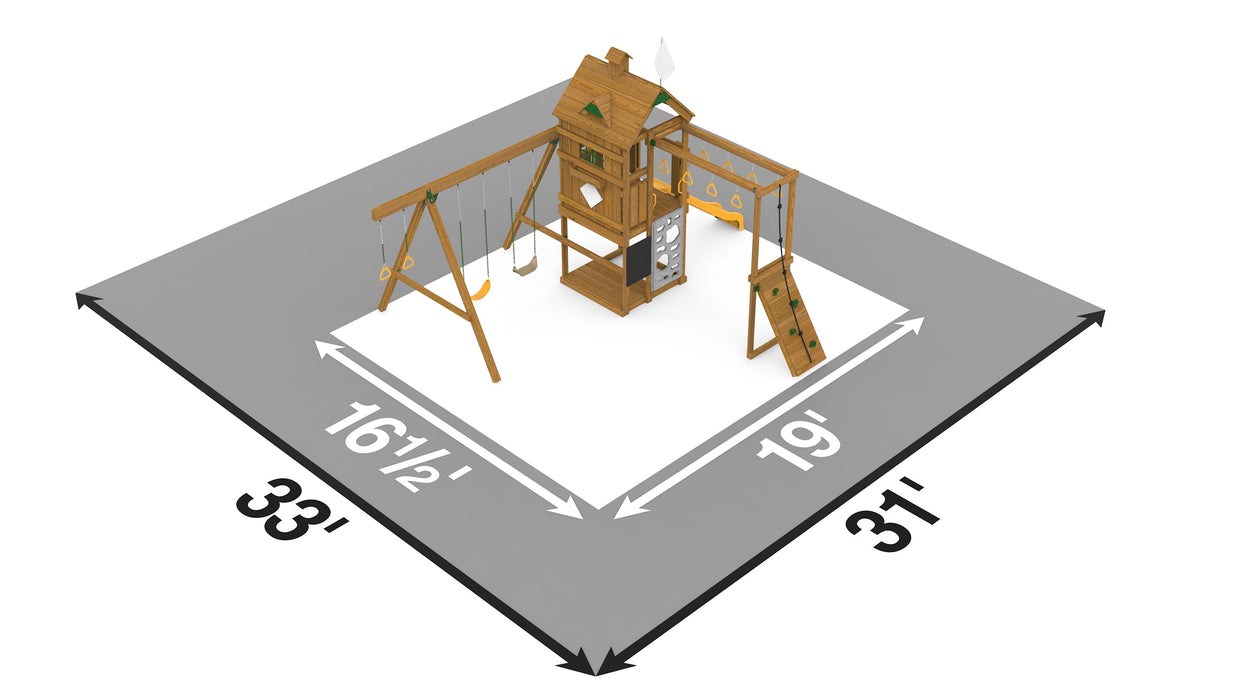 Top-down layout showing Playstar Contender Bronze playset footprint, swing beam reach, and recommended safe zone for backyard installation planning.