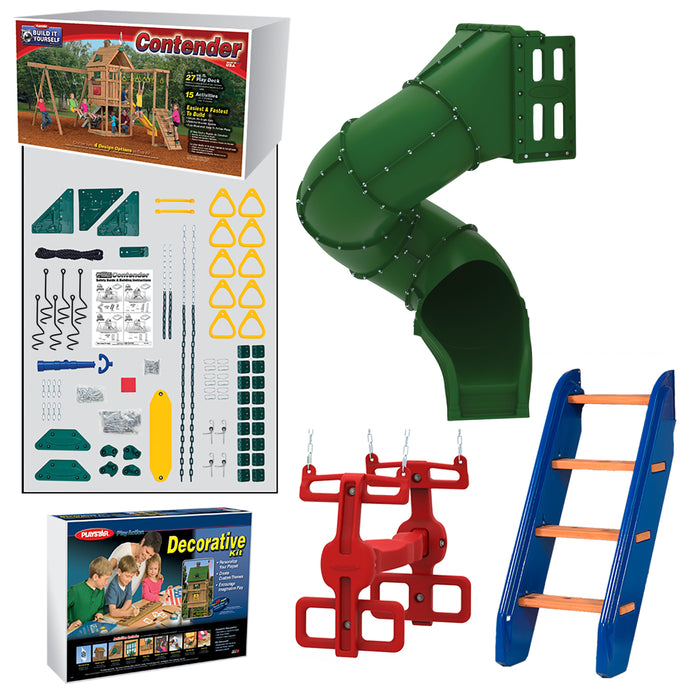 Playstar Contender Gold Build-It-Yourself playset kit showing parts, spiral tube slide, red air rider swing, blue ladder, and decorative accessories for backyard fun.