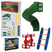 Playstar Contender Gold Build-It-Yourself playset kit showing parts, spiral tube slide, red air rider swing, blue ladder, and decorative accessories for backyard fun.