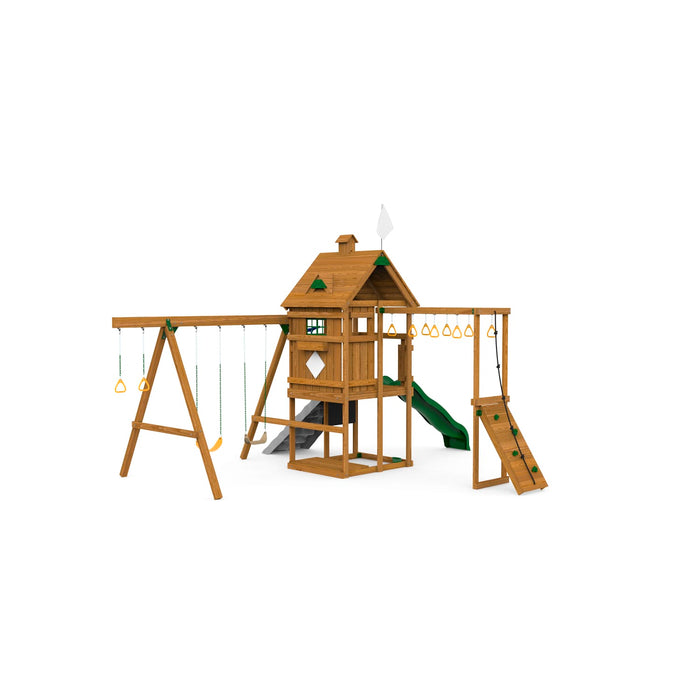 Playstar Contender Silver wooden backyard playset with green wave slide, gray climbing rock wall, swings, and upper fort for creative outdoor fun.