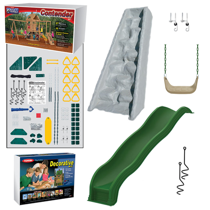 Playstar Contender Silver Build-It-Yourself playset kit includes green wave slide, rock wall climber, yellow swing, decorative kit, and hardware for backyard setup.