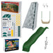 Playstar Contender Silver Build-It-Yourself playset kit includes green wave slide, rock wall climber, yellow swing, decorative kit, and hardware for backyard setup.