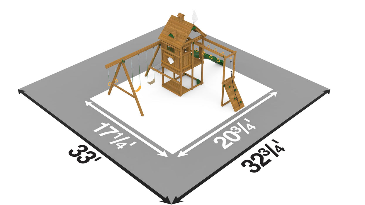 Overhead layout showing Playstar Contender Silver playset dimensions, swing area, and recommended safety zone for backyard setup.