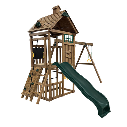 Playstar Denali Plus wooden swing set with green wave slide, rock wall, and upper fort for outdoor backyard fun