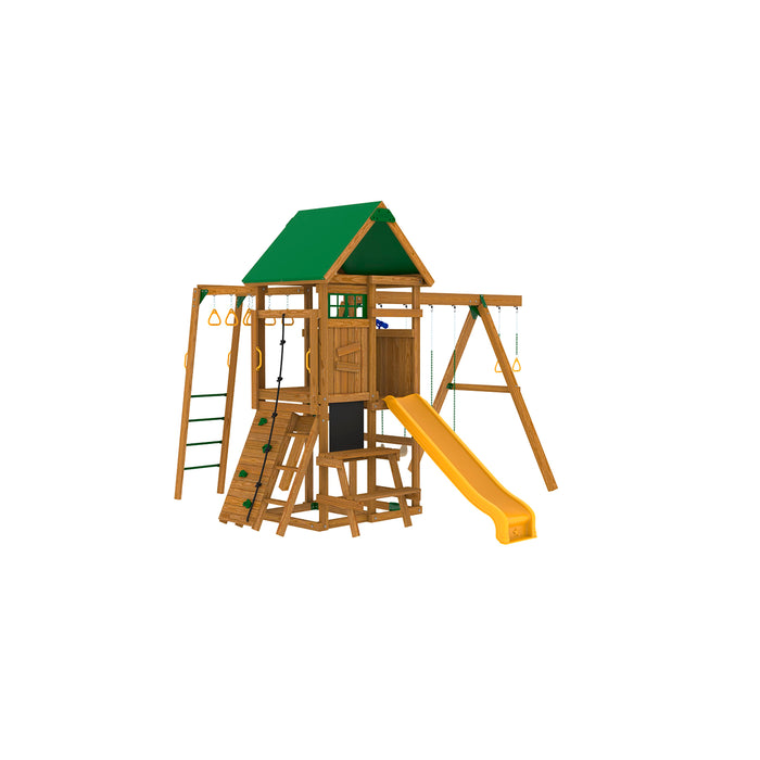Playstar Highland Bronze Playset with yellow slide, swings, and climbing wall for backyard fun