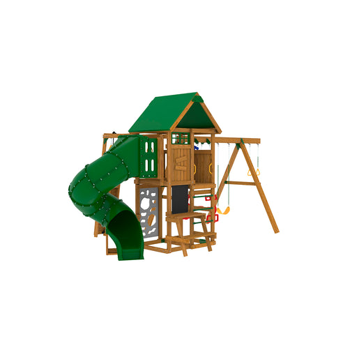 Playstar Highland Gold Playset with green spiral tube slide, swings, and clubhouse for fun backyard play