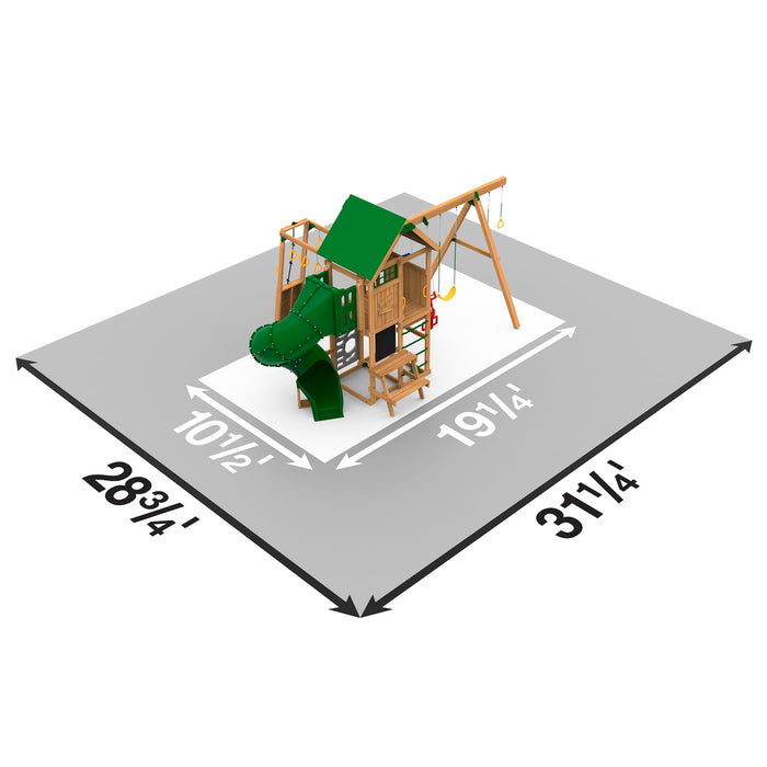 Top view showing layout and dimensions of Playstar Highland Gold backyard playset area