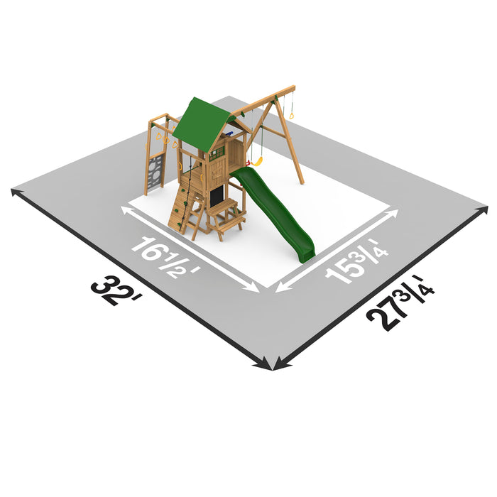 Playground layout diagram showing measurements of Playstar Highland Silver outdoor swing set