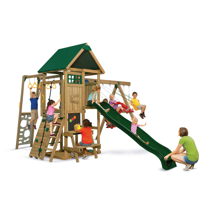 Playstar Highland Silver Playset featuring slide, swings, monkey bars, and climbing wall for kids