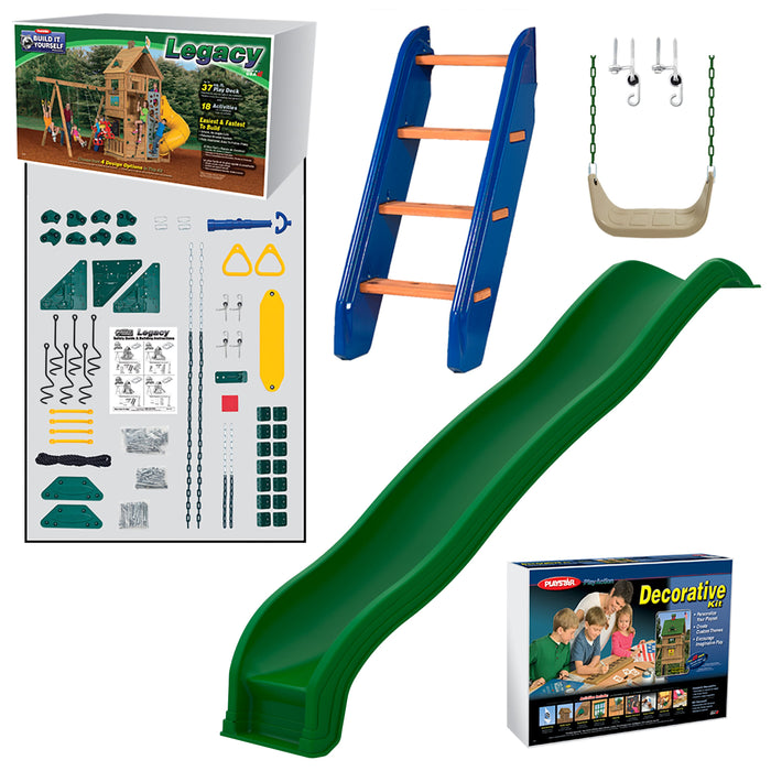 Playstar Legacy Bronze Playset DIY kit with green slide, swing accessories, ladder, and decorative kit for backyard setup