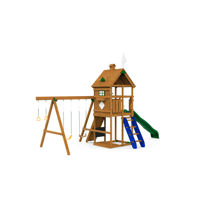 Playstar Legacy Bronze Playset made of wood featuring wave slide, swings, and climbing ladder for outdoor fun