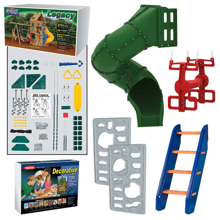 Playstar Legacy Gold Playset build-it-yourself kit with slides, swings, climbing walls, and decorative parts for backyard assembly
