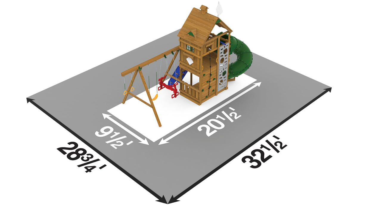 Top-down layout showing Playstar Legacy Gold Playset dimensions and safety zone measurements for backyard installation