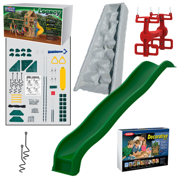 Playstar Legacy Silver Playset build-it-yourself kit featuring green wave slide, climbing wall, swings, and decorative accessories