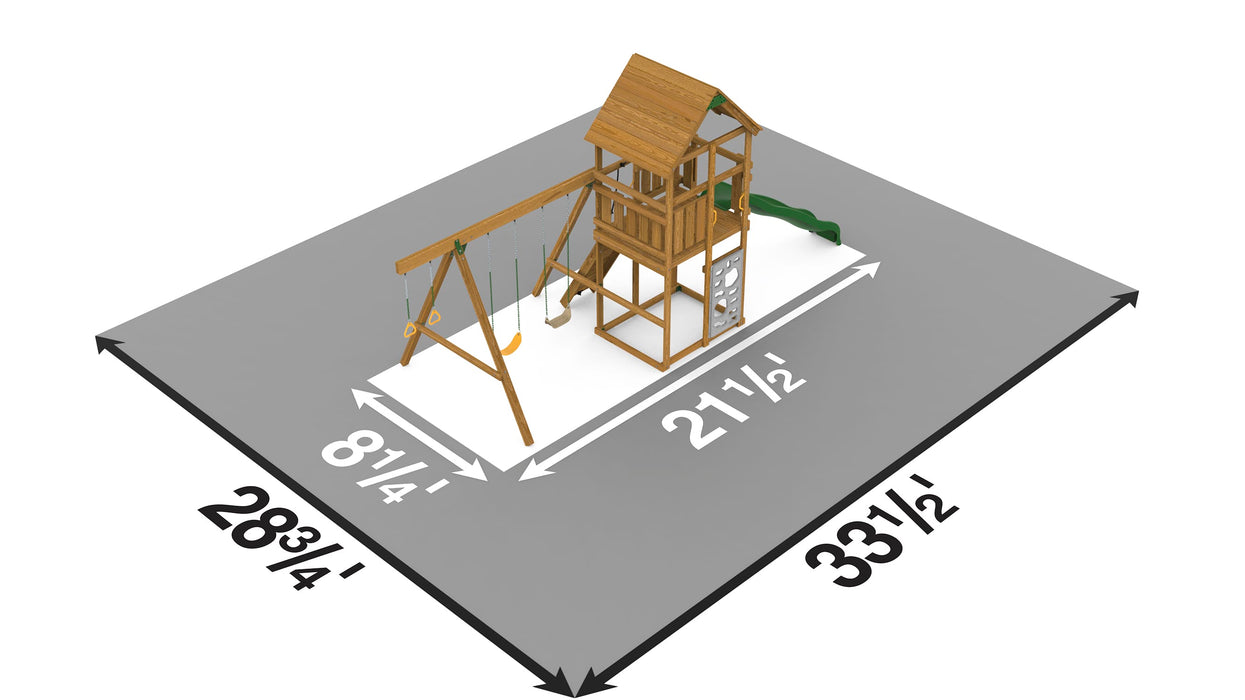 Top-down layout of Playstar Legacy Starter Playset showing play area dimensions and safety zone measurements