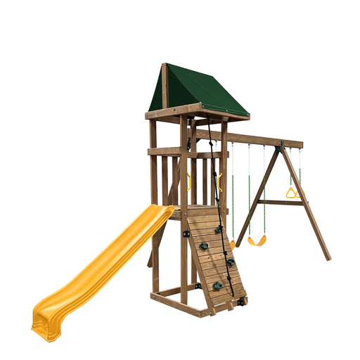 Playstar Maverick Plus outdoor wooden swing set featuring yellow slide, climbing wall, and dual swings