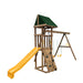 Playstar Maverick Plus outdoor wooden swing set featuring yellow slide, climbing wall, and dual swings