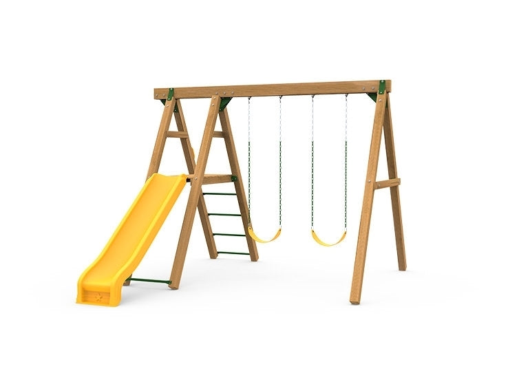 Playstar Mesa Bronze Swing Set with two yellow swings and slide, built from durable wood for outdoor fun