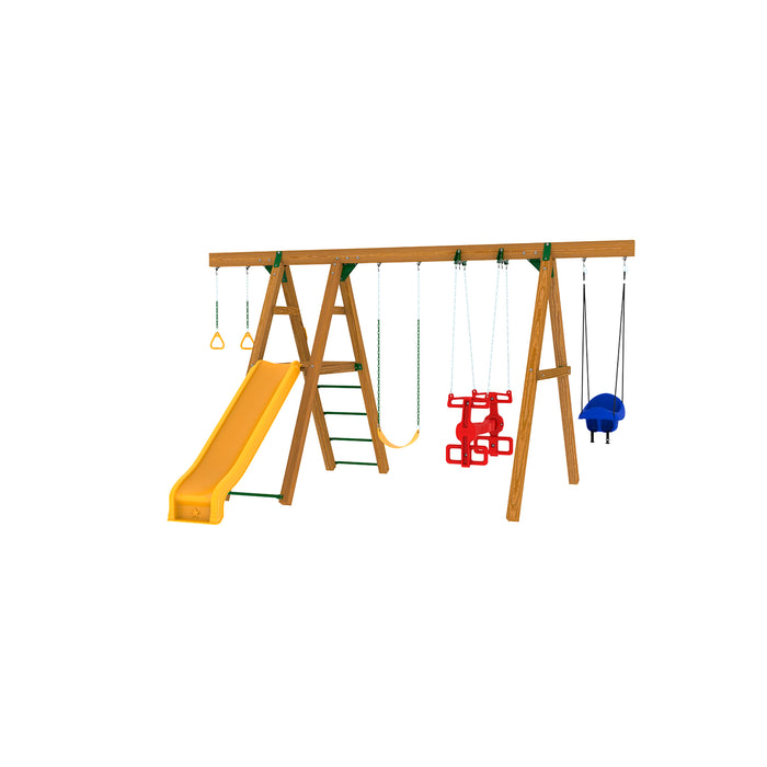 Wooden Playstar Mesa Silver swing set featuring yellow slide, toddler seat, and gym rings.