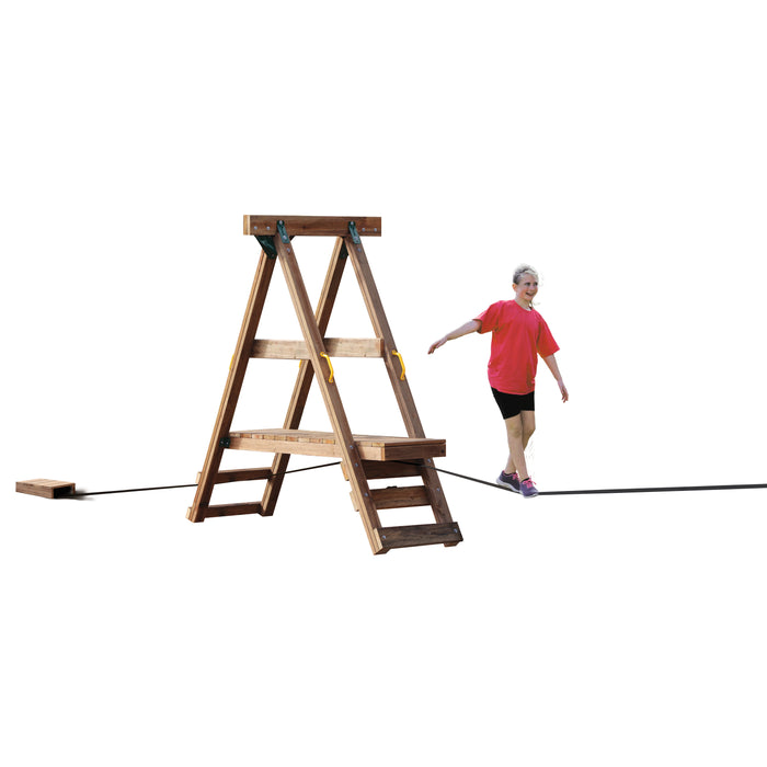 A boy balancing on the Playstar Ninja Power Platform slackline structure for backyard fun.