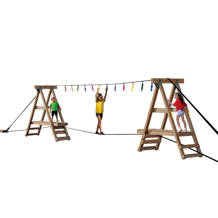 Children playing on Playstar Ninja Power Platform Silver with wooden climbing frames and colorful grips outdoors
