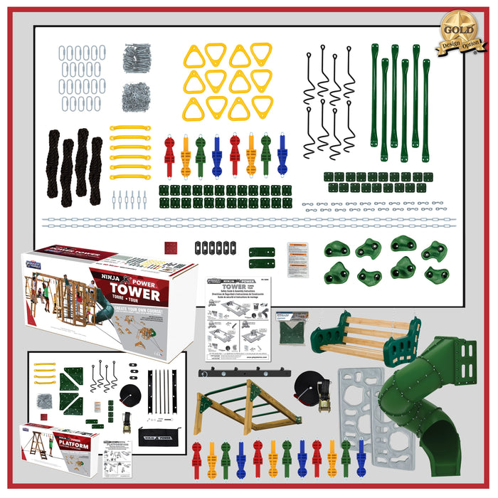 Complete Playstar Ninja Power Tower Gold build-it-yourself kit showing playset components, hardware, and instruction manuals.
