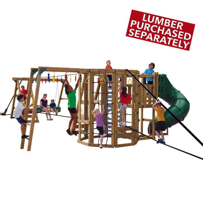 Kids enjoying Playstar Ninja Power Tower Gold playset featuring climbing walls, swings, and spiral slide with lumber note displayed.