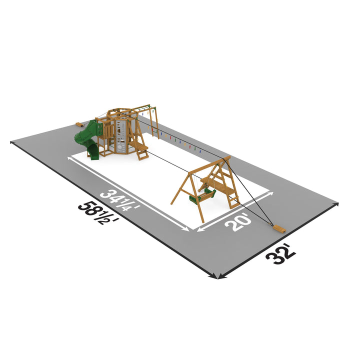 Playstar Ninja Power Tower Gold layout diagram showing recommended safety zone measurements and play area dimensions.