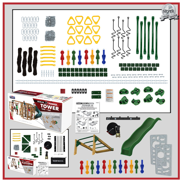 All hardware and components included in the Playstar Ninja Power Tower Silver kit shown with box