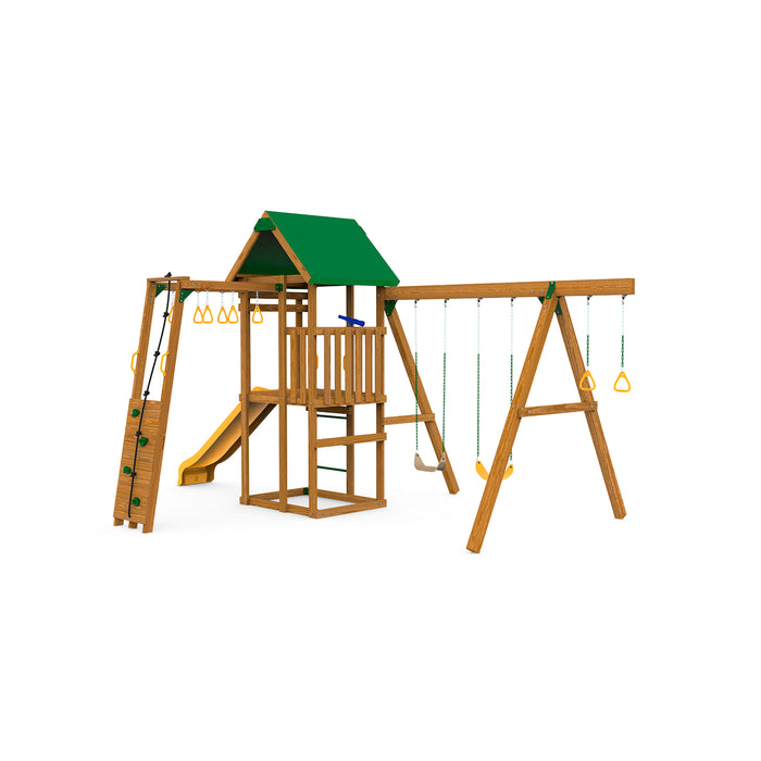 Playstar Plateau Bronze Playset with green wave slide, rock wall, and wooden swing beam for active play.