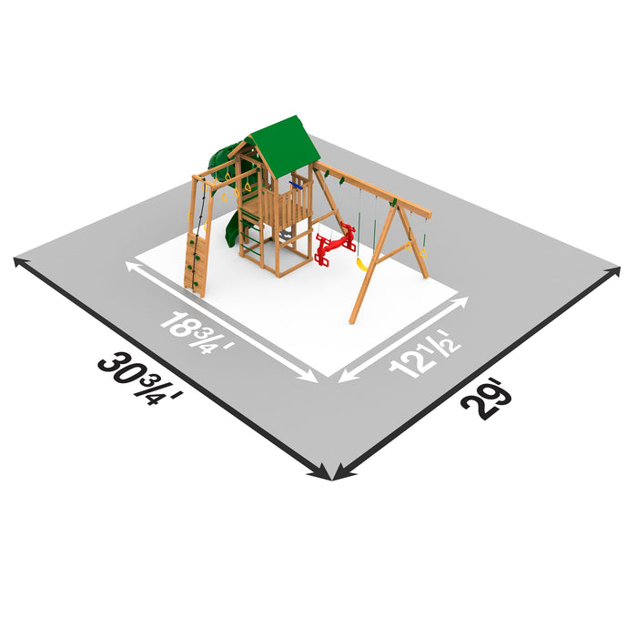 Top view showing space dimensions and layout area for Playstar Plateau Gold wooden playset.