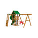 Playstar Plateau Gold Playset featuring a green tube slide, climbing wall, and dual swing seats for backyard fun.