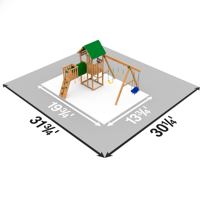 Play area layout and safety zone dimensions for Playstar Plateau Silver backyard playset.