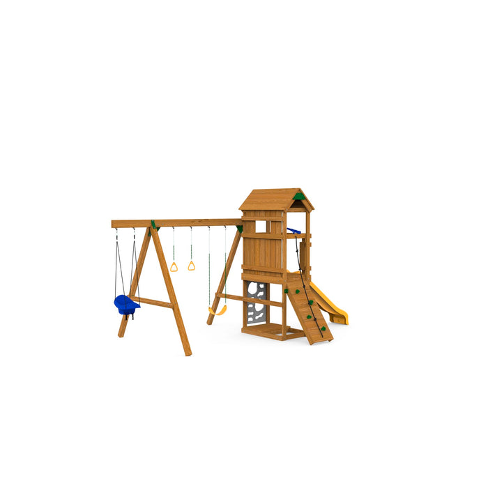 Playstar Ridgeline Bronze Playset featuring yellow slide, climbing wall, and classic wooden swing design.
