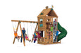Kids enjoying the Playstar Ridgeline Gold Playset with swings, climbing wall, and spiral slide for backyard fun.