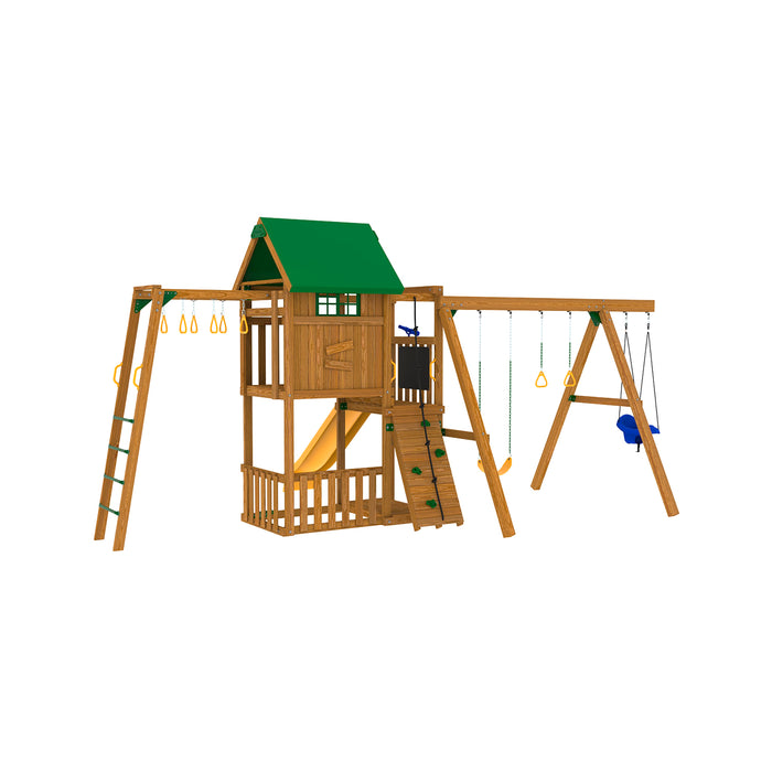 Playstar Summit Bronze Playset with green slide, swings, and climbing wall ideal for kids’ outdoor activities.