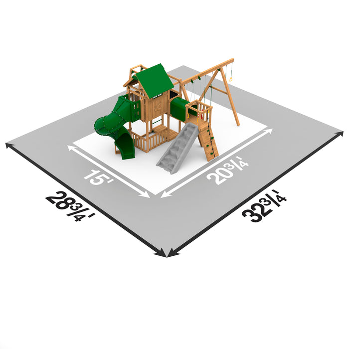 Playstar Summit Gold Playset layout and dimension guide showing safe play zone and overall structure size.